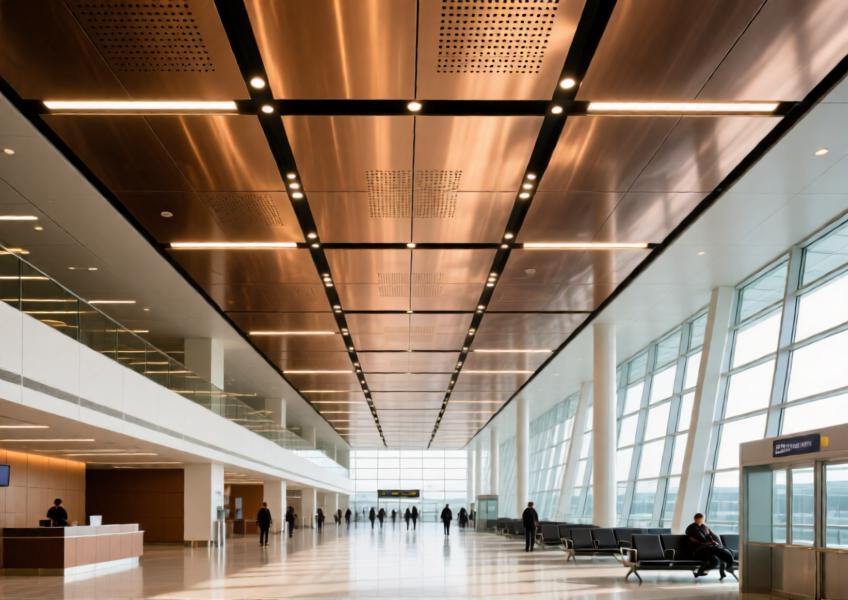 Interior shot of an airport with a bronze anodized aluminum ceiling combining aesthetics and acoustic functionality.
