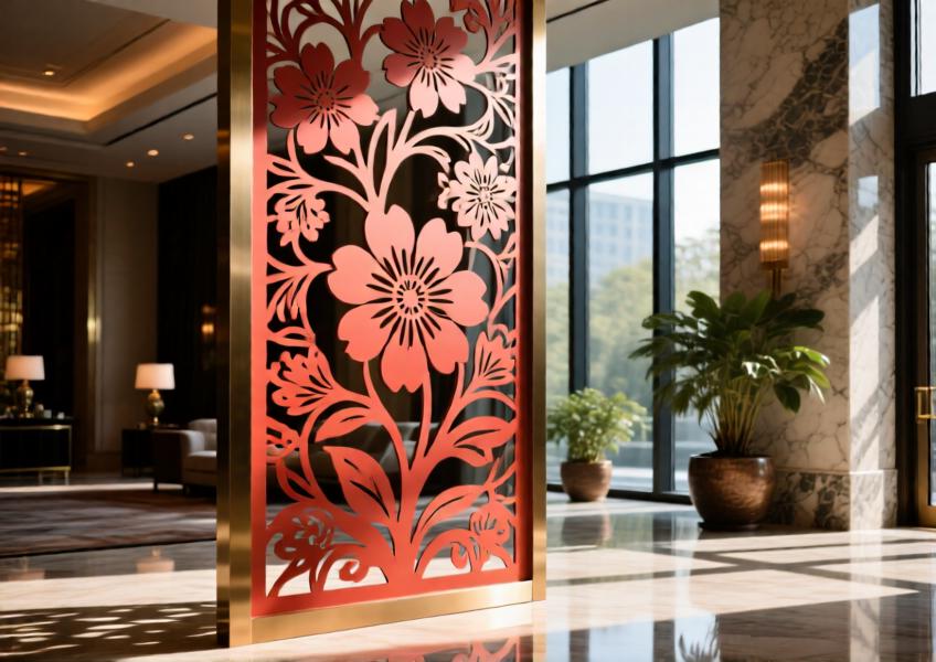 Laser-cut red coated aluminum decorative panel casting patterned shadows in a luxury hotel.