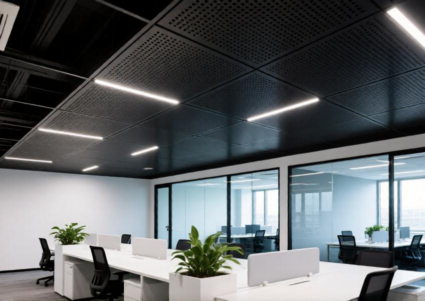 Modern office with matte black perforated aluminum ceiling enhancing acoustics and lighting in a minimalist environment.