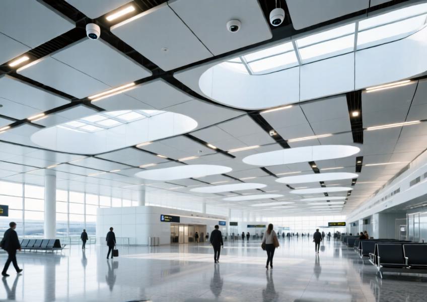 Modern airport interior with white powder-coated aluminum ceiling and integrated lighting.