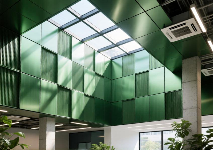 Sustainable office atrium with forest green powder-coated aluminum ceiling and wall panels in a modular layout.