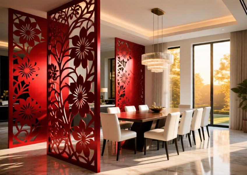 Sculptural matte red aluminum room divider with floral cutouts in a luxury villa dining space.