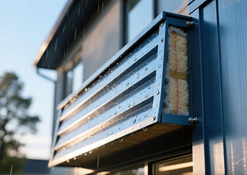 Close-up of brushed anodized blue aluminum cladding with realistic texture and morning lighting.