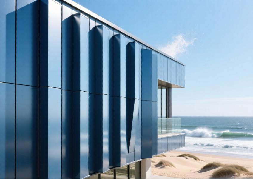 Anodized blue aluminum facade on a coastal building, highlighting durability and aesthetic performance in a marine environment.
