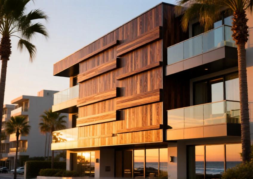 Boutique hotel with bronze anodized aluminum wood cladding glowing in sunset light, merging modernity with organic design