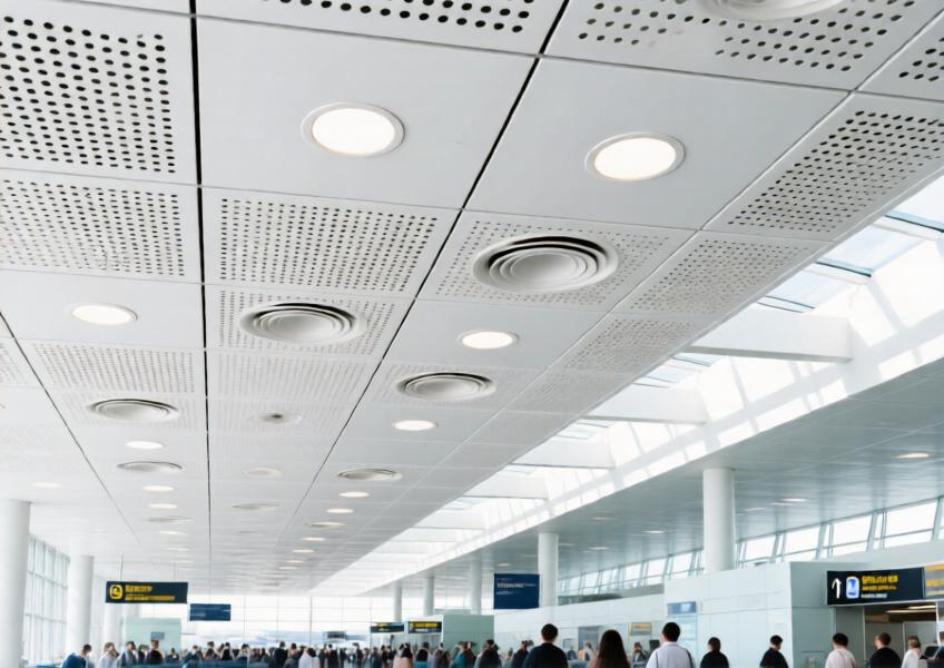 Perforated matte white aluminum ceiling in a modern airport terminal with ambient daylight.