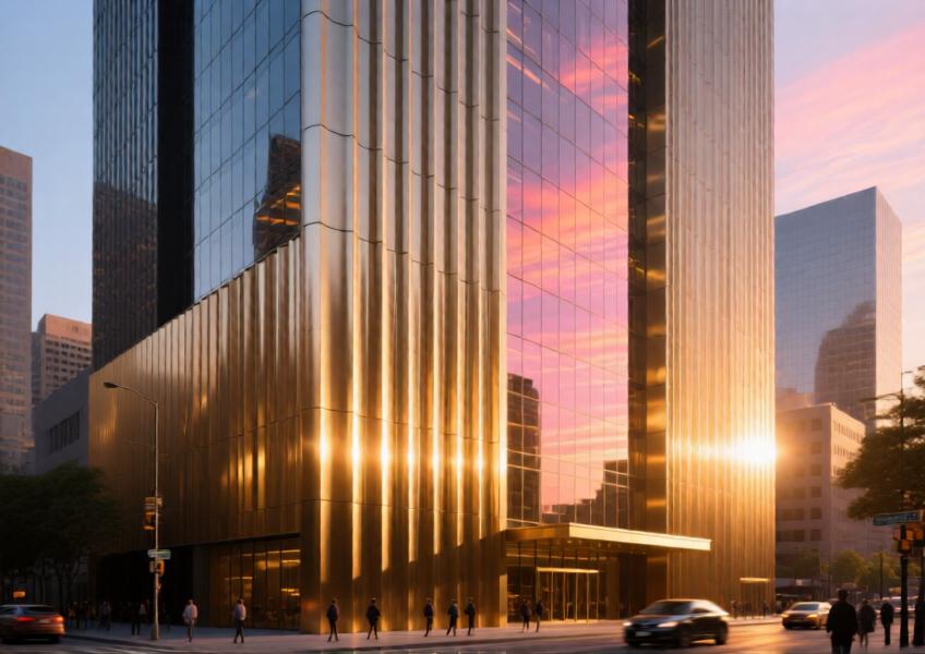 A golden-hour view of a high-rise with a decorative aluminum curtain wall in brushed metallic gold, highlighting texture, reflection, and integration with glass elements.
