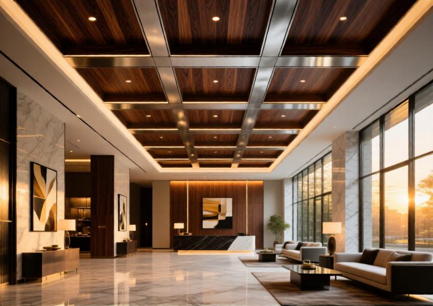 Luxury hotel lobby with matte dark walnut-finished aluminum ceiling panels, enhanced by ambient lighting and natural dusk light.