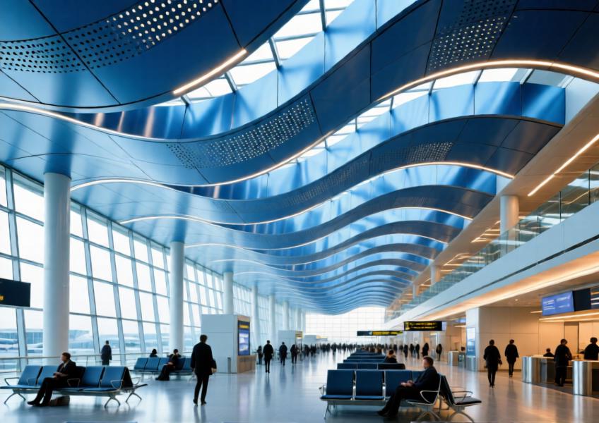 Anodized blue aluminum ceiling in a high-traffic airport terminal, combining aesthetic flow with functional acoustic design.