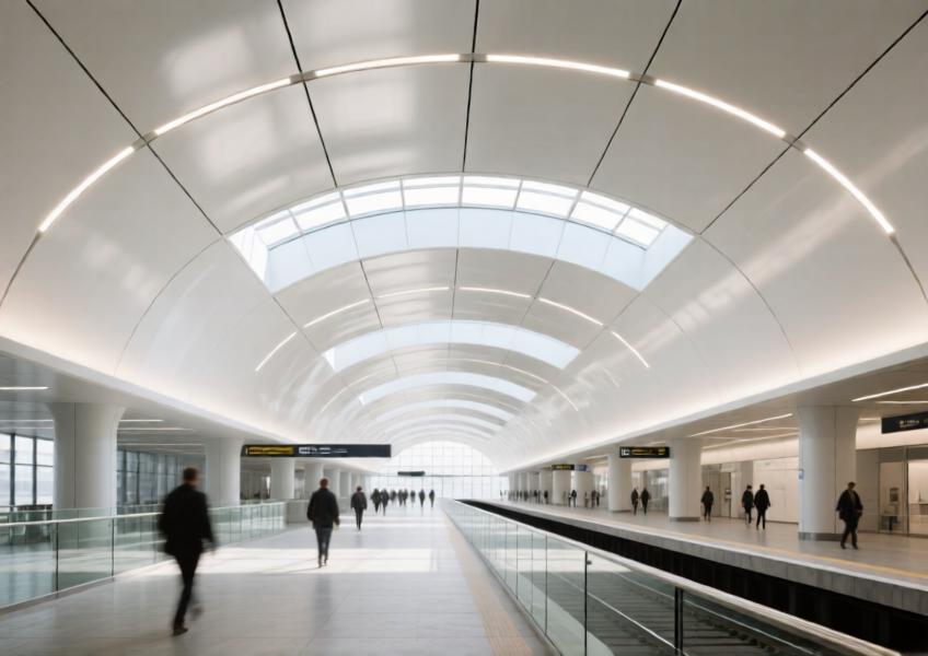 Bright, open transit station with pearl white aluminium ceiling panels enhancing light distribution and spatial clarity.
