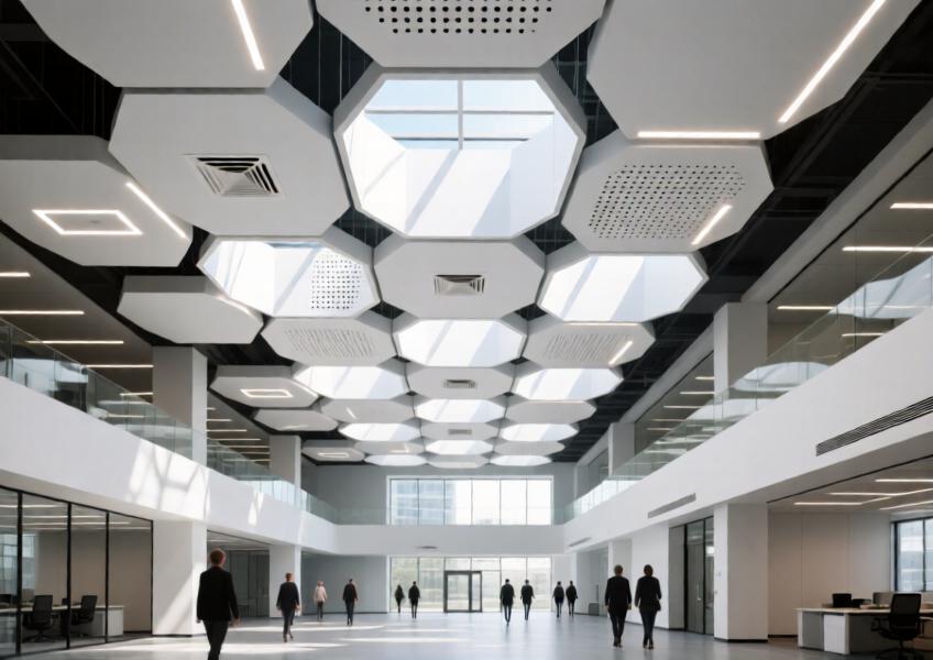 Modular matte white aluminum ceiling in a sustainable corporate atrium with smart integration and natural lighting