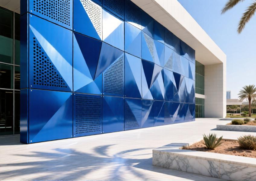 Close-up of powder-coated sapphire blue perforated aluminum facade casting light patterns in a desert urban setting.