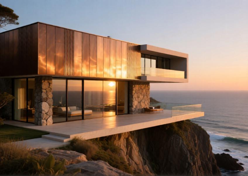 Coastal luxury villa with bronze-anodized aluminum cladding blending modern design with natural surroundings.