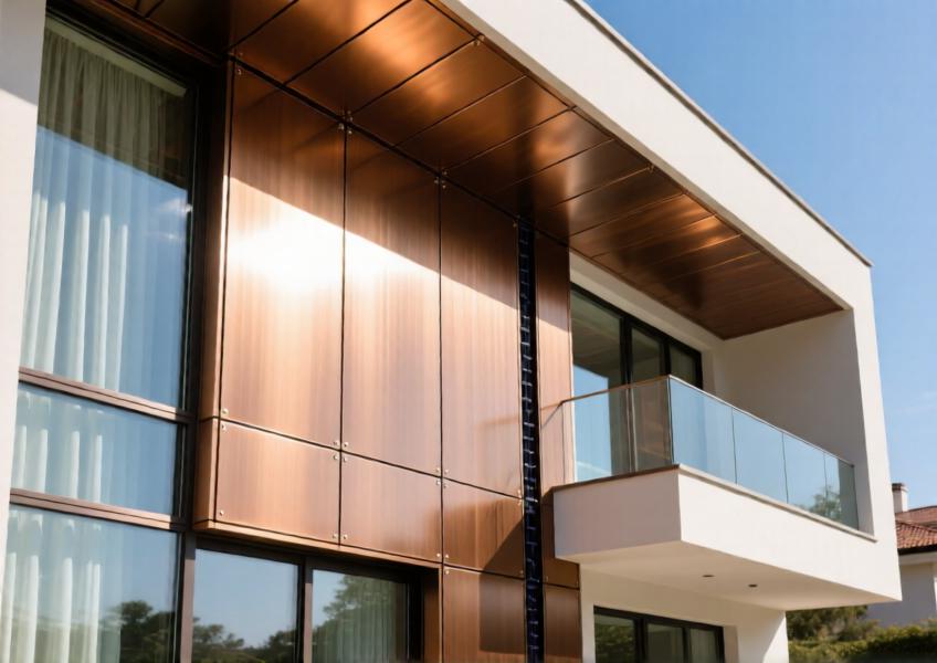 Detailed view of anodized bronze aluminum curtain wall on a luxury residence, emphasizing thermal performance and refined aesthetics.