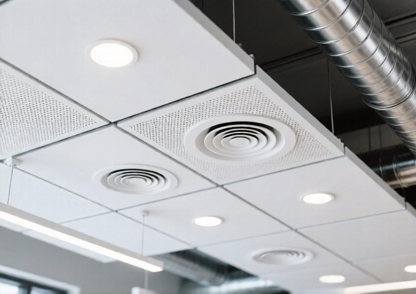 Detailed view of a matte white perforated aluminium ceiling panel system in a contemporary office setting.