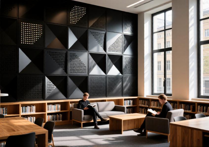Modern library with matte black perforated aluminum cladding providing acoustic and visual depth.