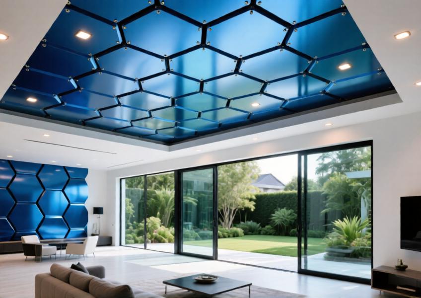 Luxury villa living space with anodized blue aluminum honeycomb ceiling panels and integrated lighting