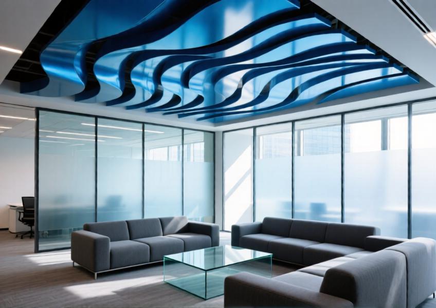 Anodized blue aluminum ceiling panels create a striking visual effect in a modern, open-plan office lounge.