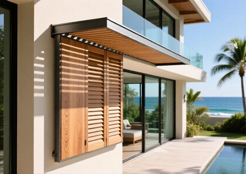 Close-up of wood finish aluminum sunscreens on a luxury villa with natural shadow patterns