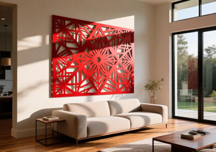 Living room in a luxury villa with a vibrant red laser-cut aluminum panel as a bold artistic feature wall.