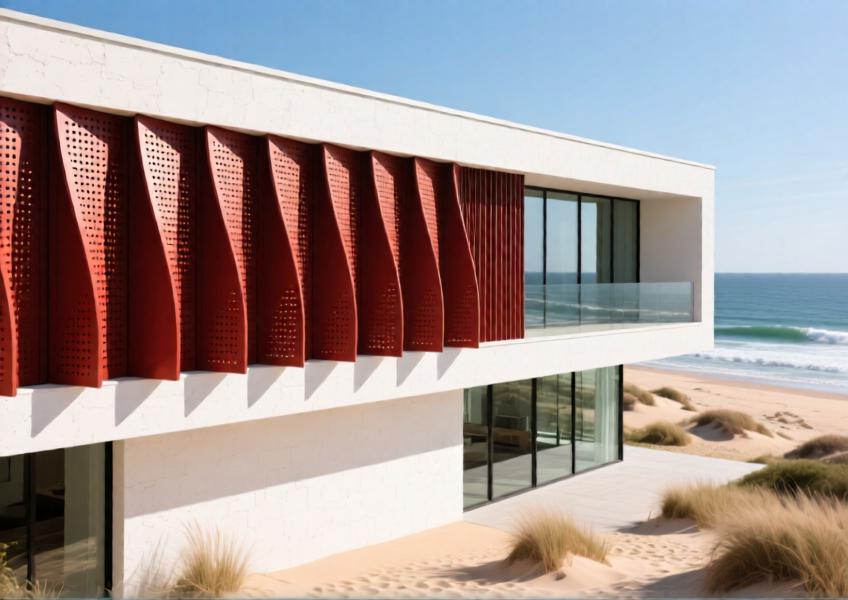 Coastal villa with terracotta red matte aluminum decorative fins creating rhythmic shading and visual rhythm on the exterior.