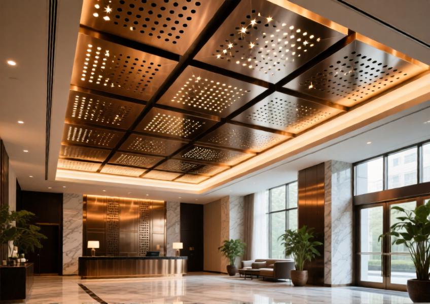 Luxury hotel ceiling with anodized bronze perforated aluminum panels for aesthetic and acoustic performance.