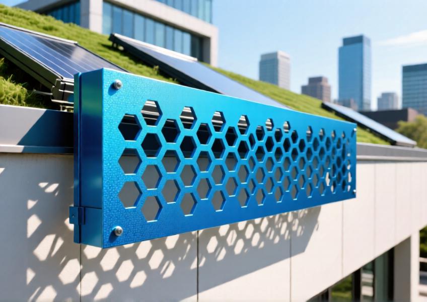 Close-up of anodized blue perforated aluminum panel with geometric pattern used in sustainable sunshade design.