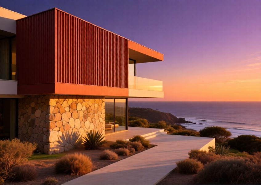 Luxury coastal villa featuring terracotta-red aluminum cladding accents.