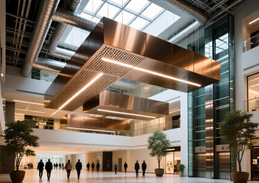Elegant commercial atrium with a tiered perforated anodized bronze aluminium ceiling combining function and design.