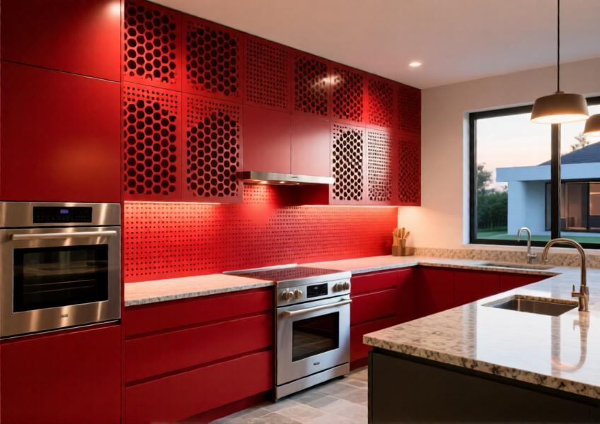 Modern villa kitchen with vibrant red perforated aluminum backsplash and backlighting.