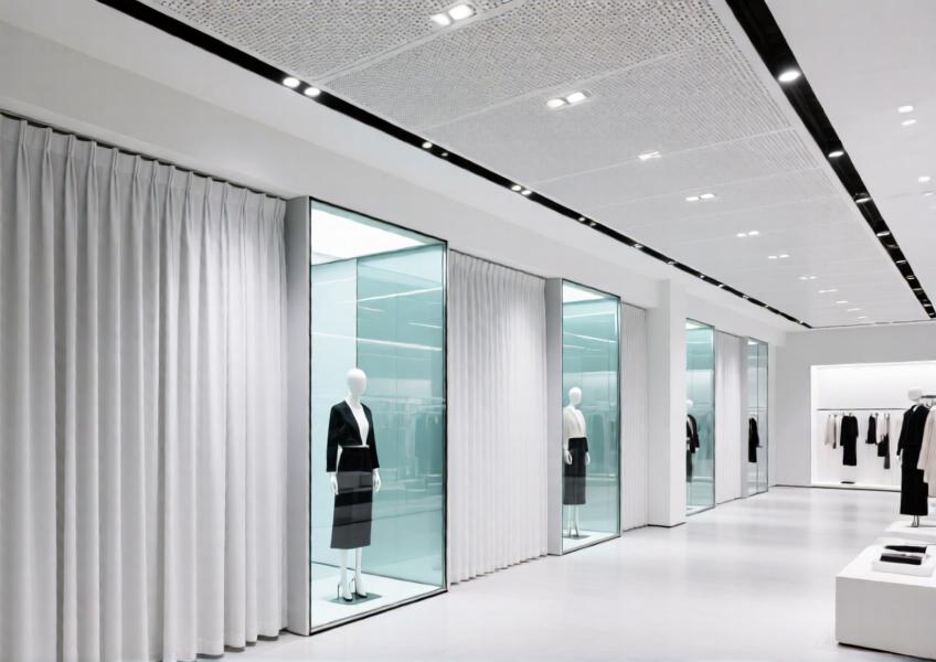 Contemporary retail store using matte white aluminum curtain walls and light gray perforated ceilings for elegant spatial division