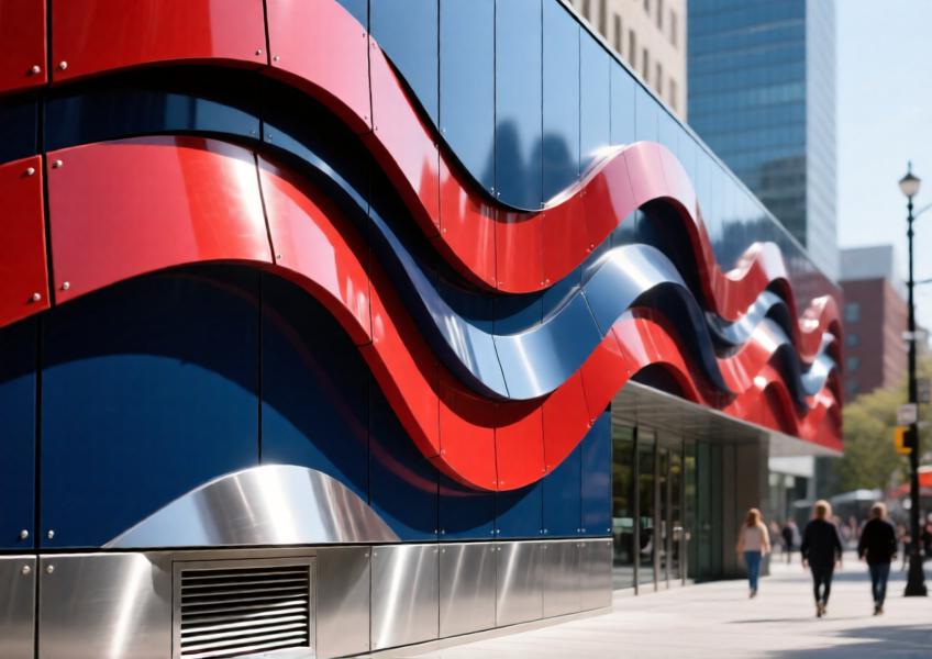 Artistic aluminum facade with bold colors and wave-like geometry on a cultural building in a city setting.
