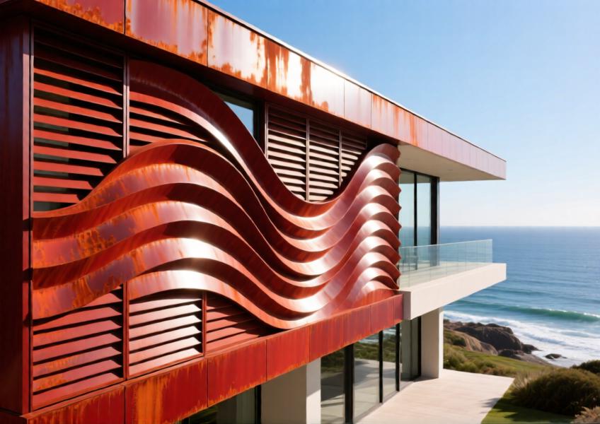 Terracotta-red matte aluminum 3D facade with louver design on a seaside villa under bright daylight