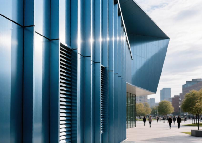 Detailed view of anodized blue aluminum curtain wall with integrated louvers on a cultural building.