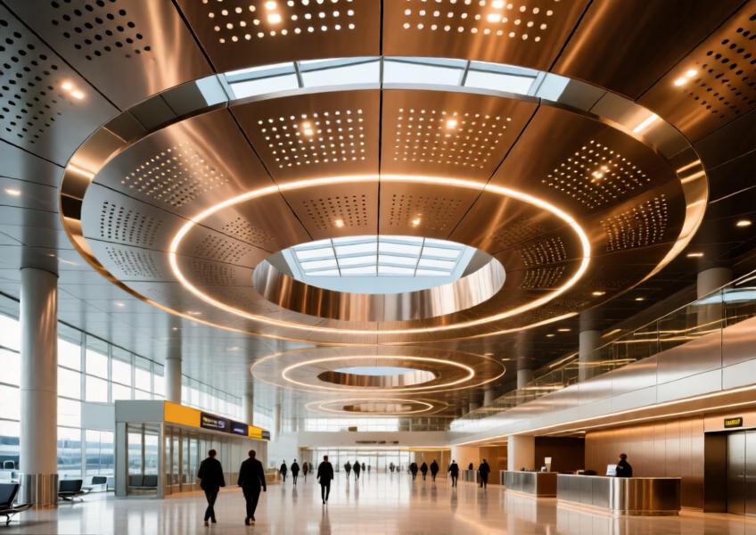 Luxury airport interior with anodized bronze aluminum ceiling panels, combining acoustic performance with high-end visual design.
