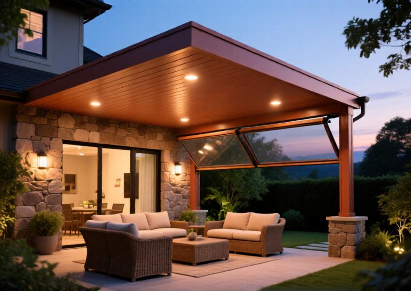 Patio with terracotta-colored aluminum ceiling and integrated lighting at dusk