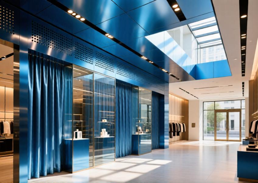 Luxury retail interior using anodized blue aluminum in curtain walls and ceilings for a cohesive, guided shopping experience.