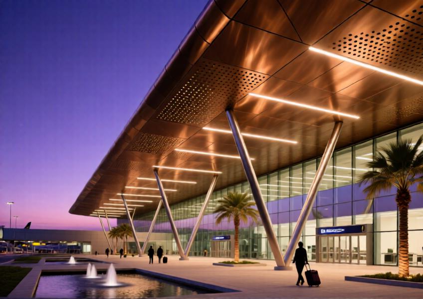 Airport atrium with bronze-finished perforated aluminum ceiling at dusk.