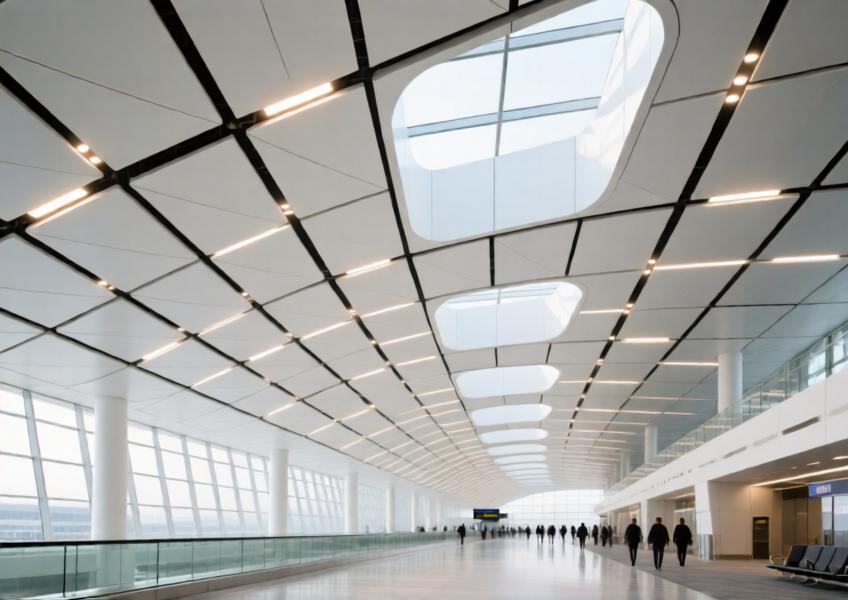 Luxury airport atrium with a flowing geometric ceiling of powder-coated white aluminum panels.