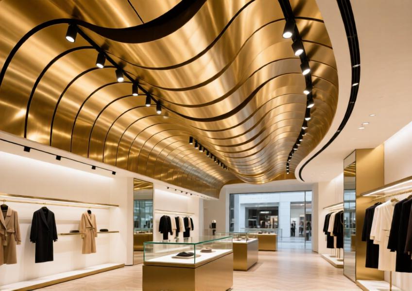 Brushed gold aluminum ceiling cladding in a luxury retail store, creating an elegant, sculptural overhead design.