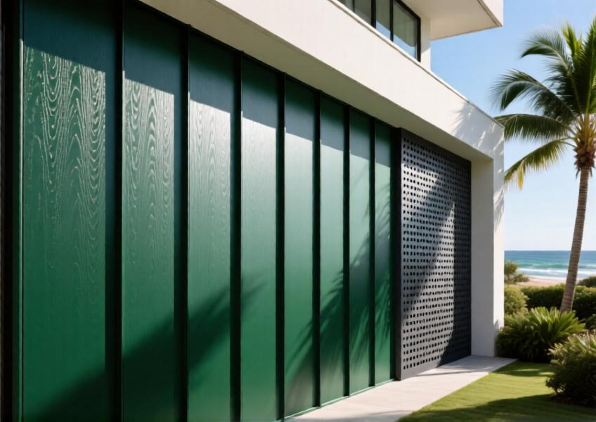 Luxury villa with forest green aluminum cladding and charcoal decorative screen in coastal setting