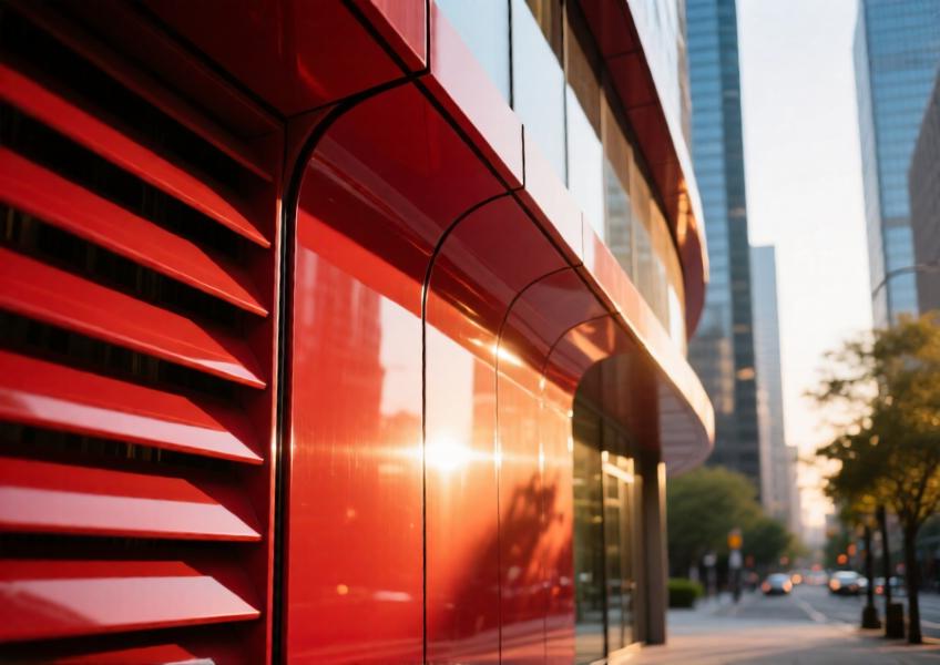 Golden hour close-up of curved, red powder-coated aluminum curtain wall with louvers on a commercial tower.