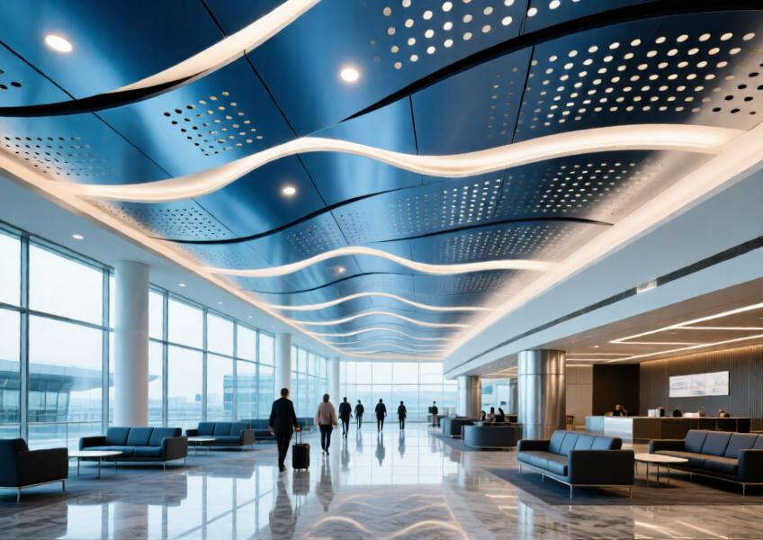 Luxury airport interior with an anodized blue perforated aluminum ceiling, blending aesthetic refinement with functional acoustic performance.