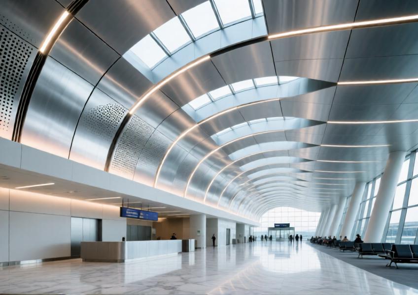 Airport lobby with curved brushed aluminum ceiling and integrated lighting