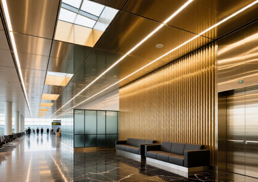 Spacious airport lounge with champagne-gold brushed aluminum ceiling and wall louvers creating a harmonious, reflective design under natural and LED lighting.