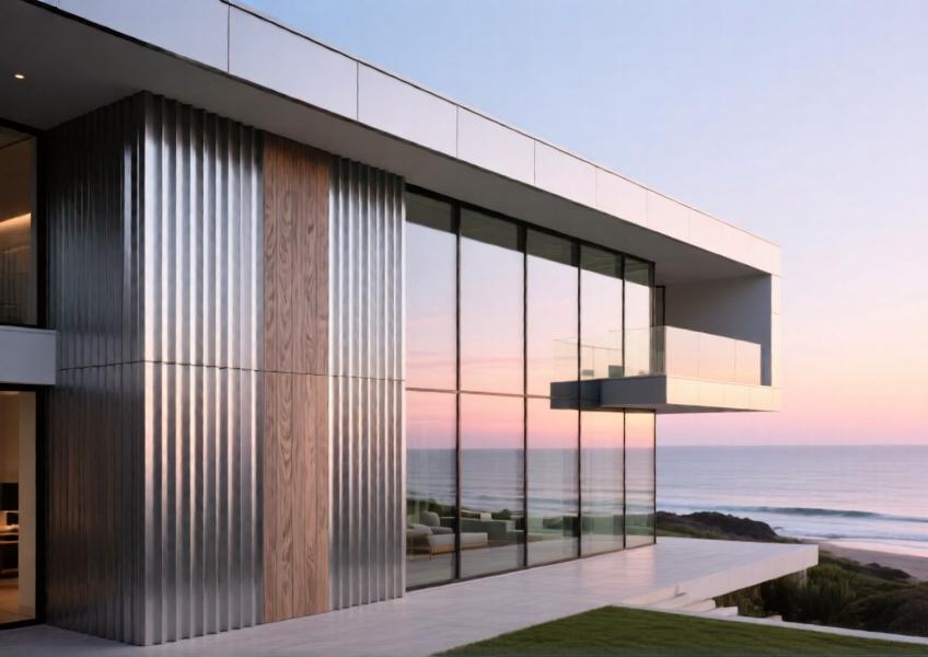Luxury villa with wood-grain textured aluminum cladding at sunrise.