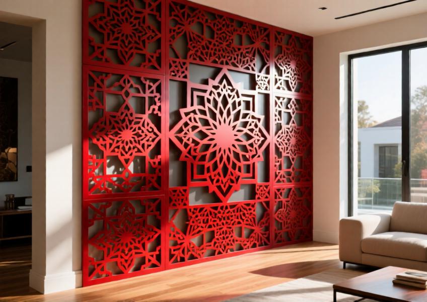 Interior feature wall in a luxury villa using vibrant red powder-coated aluminum, combining artistic design with modern material innovation.