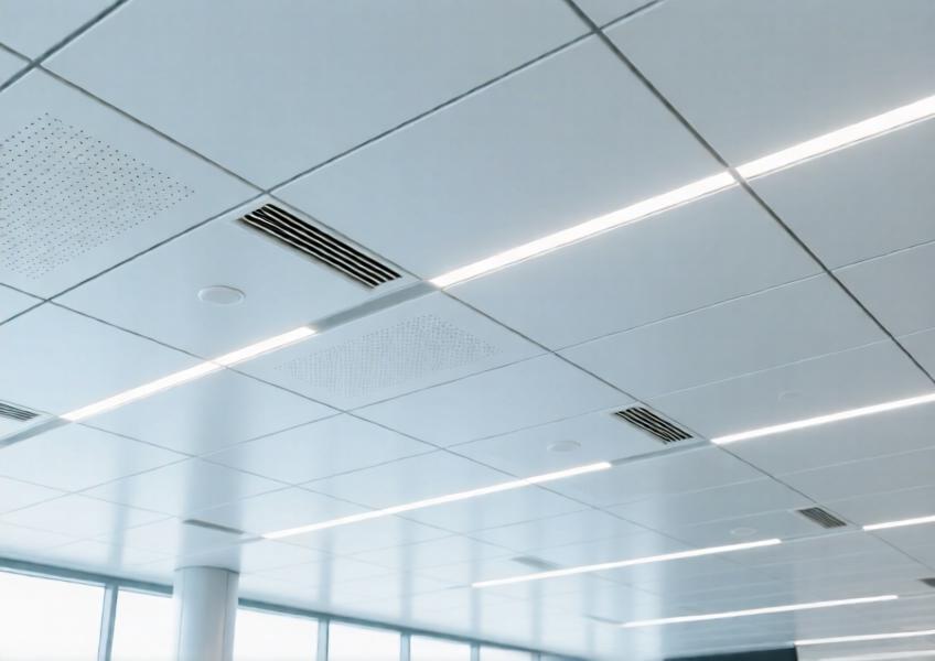 Modern airport ceiling with white powder-coated aluminum panels and integrated lighting.