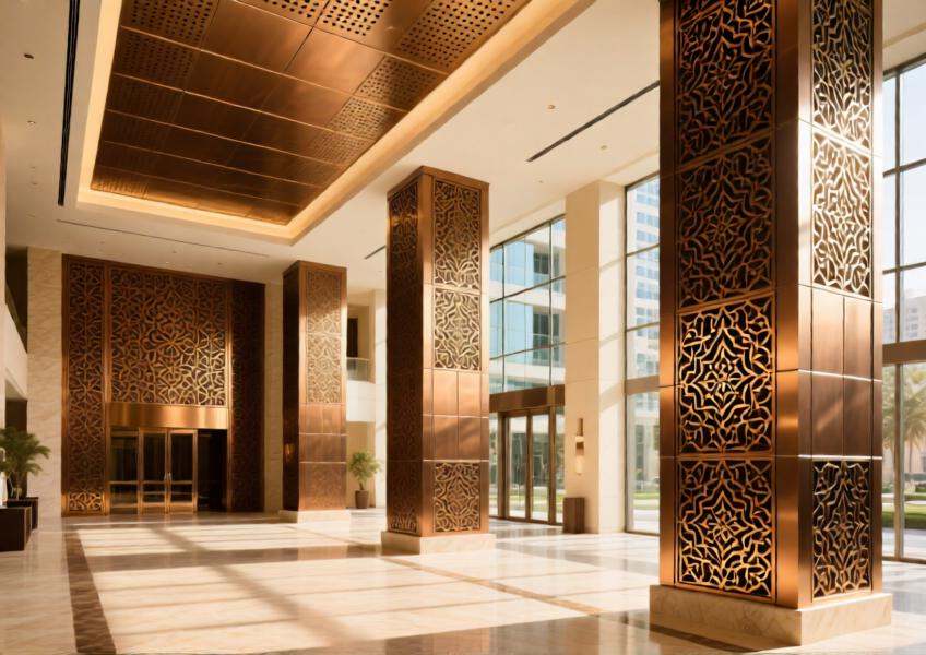 Dubai mixed-use lobby with columns clad in bronze-anodized aluminum tiles featuring arabesque patterns, merging cultural heritage with modern design.