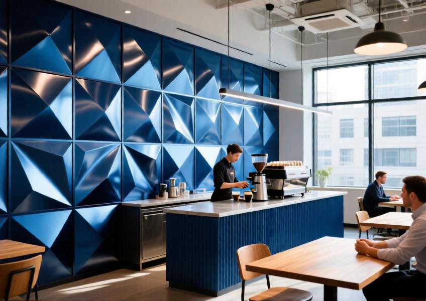 Modern office café with an anodized deep blue 3D aluminum feature wall adding depth and style